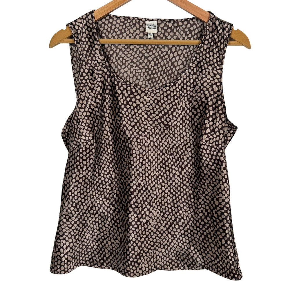 Sangria Tank Top Womens 12 Brown Tan Abstract Pebble Print Satin‎ Scoop Neck